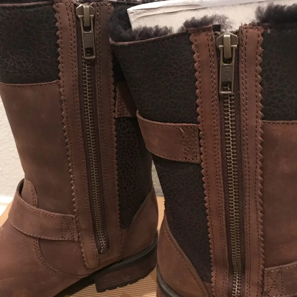 UGG Brown Leather Mid-Calf Shearling-Lined Boots with Buckle